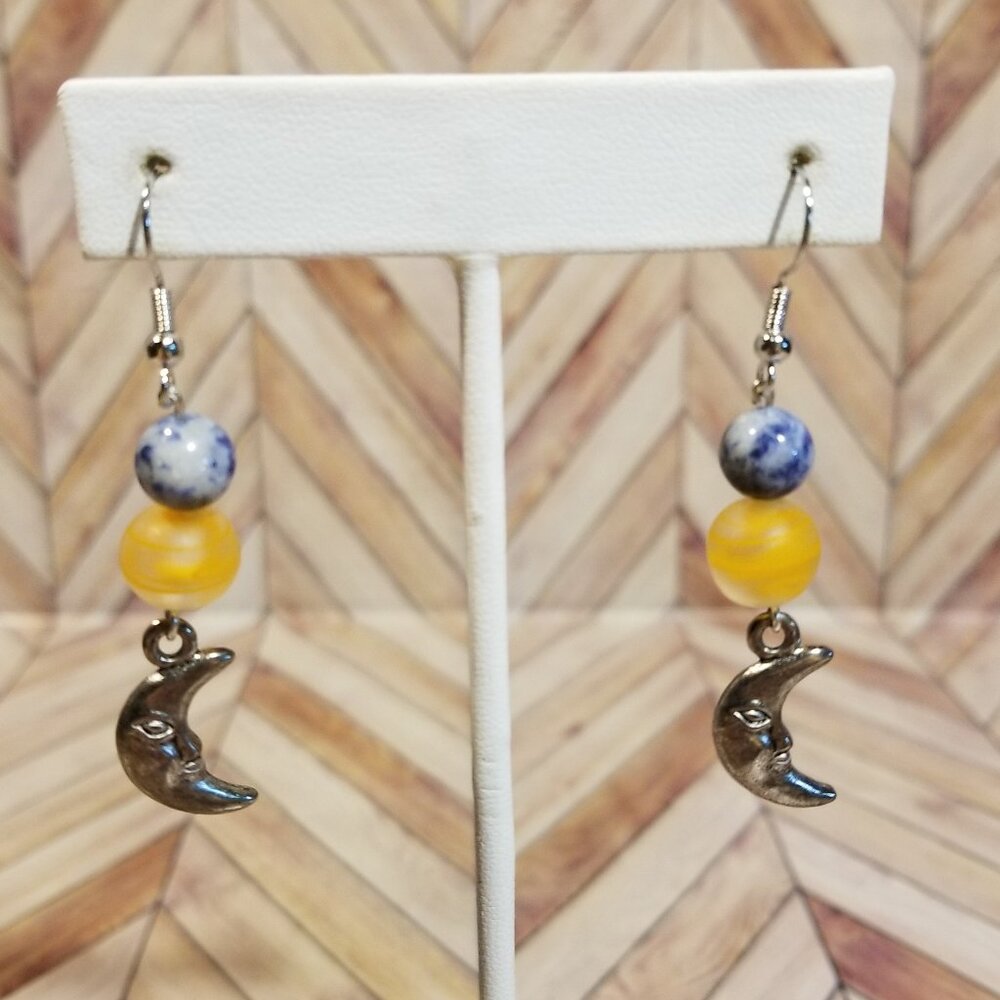 Silver Moon Earrings with Blue and Yellow Accents
